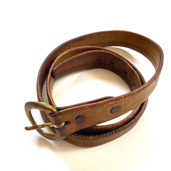Vintage Distressed Leather Bronze Buckle Belt 40”